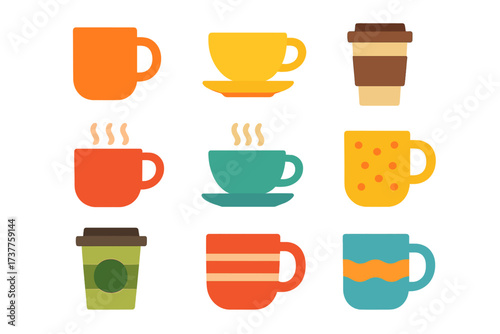 Coffee and tea flat icons set. featuring mugs, cups, steaming, takeaway, polka dot, and waves