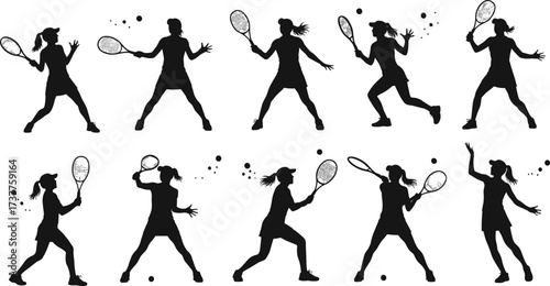 Tennis player silhouette, female athlete, racket swing, serve pose, sports motion, vector icon, black artwork, dynamic action, ball hit