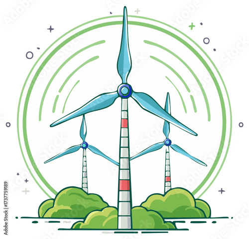 Wind Turbines With Green Bushes Concept, Sustainable Energy, Ecology Icon