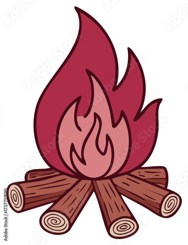Illustration of a blazing campfire with stacked logs, fire pit with burning flames