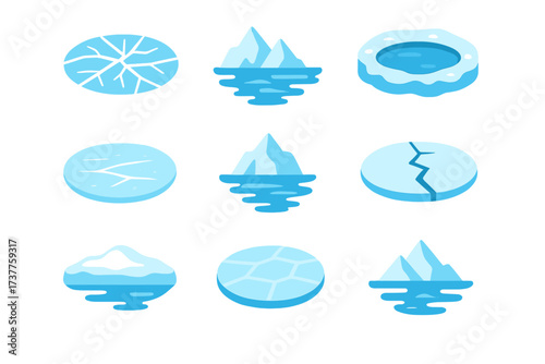 Ocean and ice silhouette icon set. featuring iceberg, glacier, crack, polar cap, and frozen sea symbols