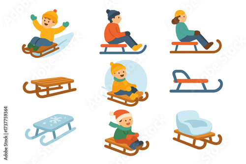 Winter activities flat icon set. featuring sledding, snow play, tobogganing, and fun in the snow symbols