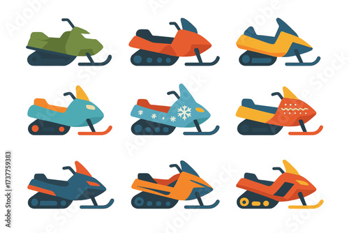 Winter sports equipment flat icons set. featuring snowmobile, ski, snowboard, ice skates, and sled designs