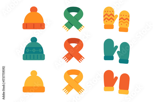 Winter clothing silhouette icons set. featuring hat, scarf, gloves, mittens symbols
