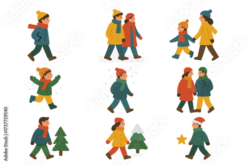 Winter activities flat icon set. featuring running, walking, family, tree, and seasonal symbols