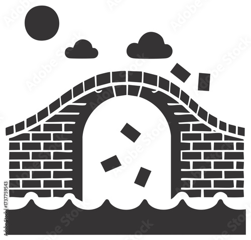 Arch Bridge Breaking Apart Over Water with Falling Bricks Icon