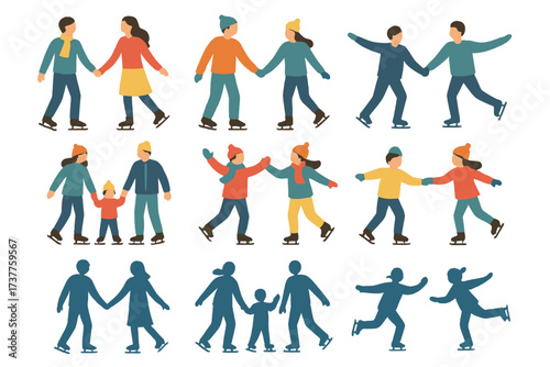 Winter activities silhouette icon set. featuring family, ice skating, parents, children, and outdoor fun