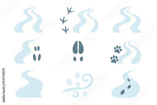 Weather and footprints silhouette icon set. featuring snow, wind, animal tracks, and trails symbols