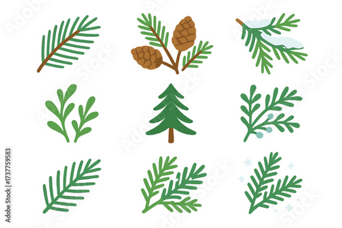Floral elements silhouette icon set. featuring pine needles, cones, tree, branch, snow, and leaf designs