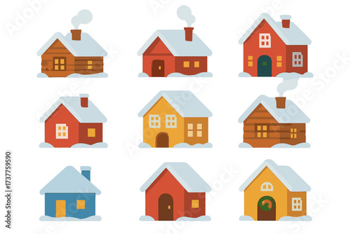 Winter houses flat icon set. featuring cozy cottages, snowy rooftops, wreaths, and chimneys