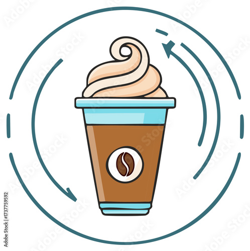 Morning coffee routine concept with a takeaway cup and whipped cream in a circular arrow icon
