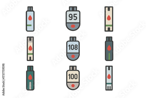 Medical flat icon set. featuring glucose test strips, blood drop, measurement results, and health monitoring symbols