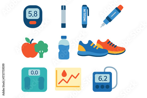 Health and fitness flat icon set. featuring glucose meter, insulin pen, medicine, fruit, water, sports shoes, scales, and graph icons