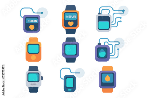 Diabetes devices flat icon set. featuring insulin pump, glucose monitor, wearable tech, and health gadgets