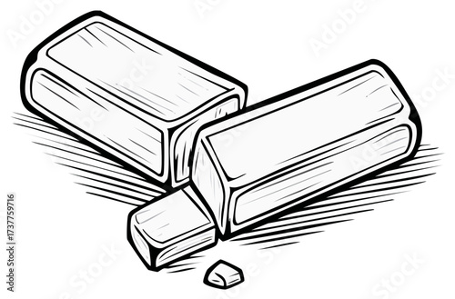 Stylized monochrome drawing of two erasers and small pieces