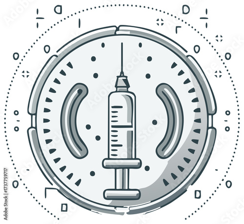 Medical syringe in a circular graphic illustration