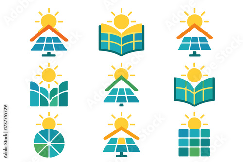 Renewable energy flat icon set. featuring solar panel, sun, roof, and eco book symbols