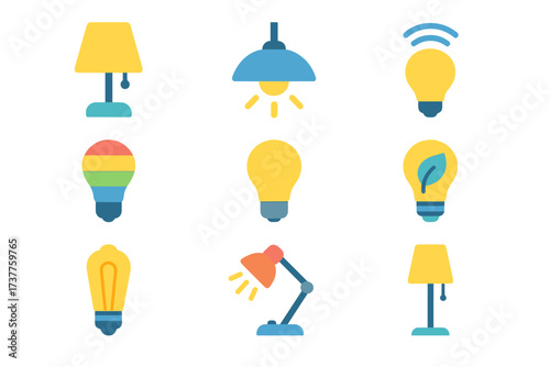 Lighting flat icon set. featuring desk lamp, pendant light, smart bulb, energy-efficient bulb, and table lamp symbols