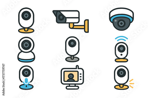 Home security cameras flat icon set. featuring cctv, dome, wireless, and night vision camera symbols