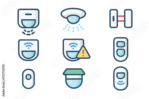 Home security flat icon set. featuring motion sensor, camera, alarm, surveillance, alert, wireless, and detector symbols