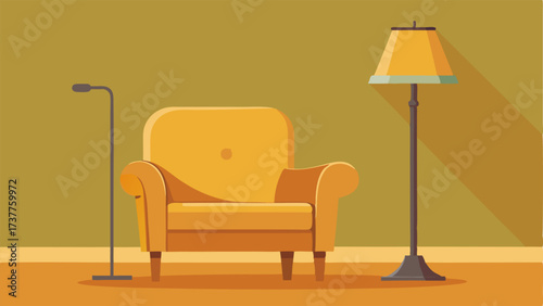 An industrialstyle floor lamp stands next to a plush velvet armchair in a warm mustard hue.