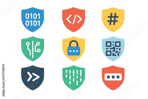Cybersecurity shield silhouette icon set. featuring code, lock, hashtag, qr code, and encryption symbols