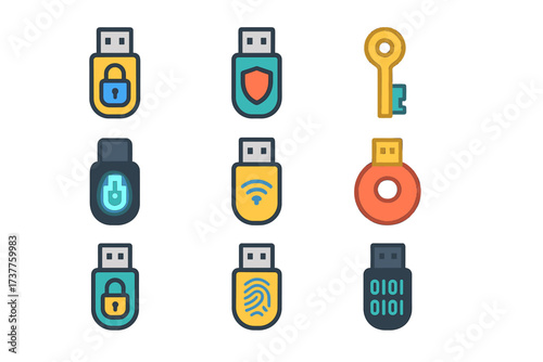 Security usb flat icon set. featuring lock, shield, power, key, fingerprint, wifi, and data symbols