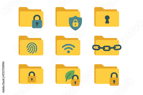 Security file flat icon set. featuring padlock, fingerprint, shield, keyhole, wifi, and chain symbols