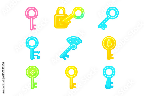 Security and access neon icon set. featuring key, lock, wi-fi, bitcoin, and eco symbols