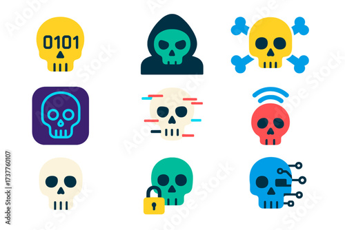 Cybersecurity flat icon set. featuring hacker, malware, ransomware, encryption, and data breach symbols