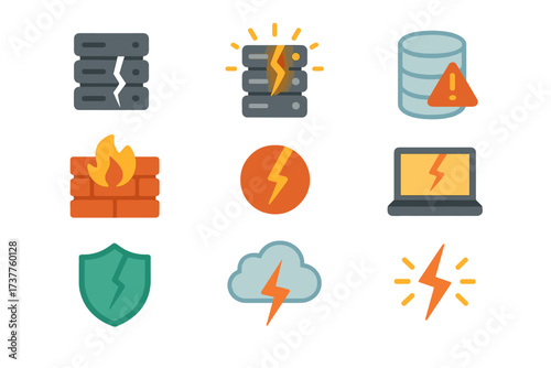 Data security flat icon set. featuring server, database, firewall, laptop, shield, and cloud symbols