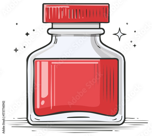 Stylized cartoon illustration of a bottle with red liquid and a red cap, isolated on white.