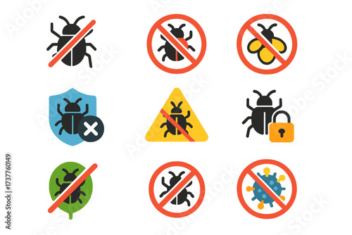 Antivirus protection flat icons set. featuring bug, shield, warning, padlock, and prohibited symbols