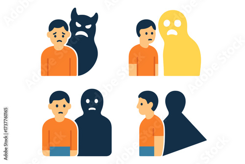 Mental health silhouette icon set. featuring anxiety, depression, fear, stress, and sadness symbols
