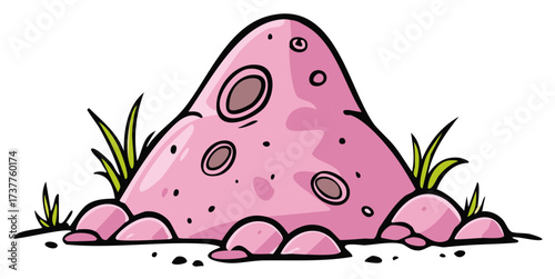 Cartoon illustration of a pink mound with details and grass.