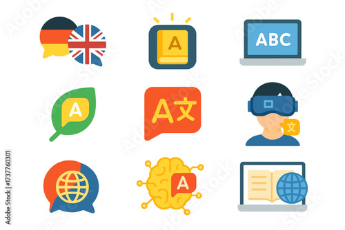Language and translation flat icon set. featuring speech, keyboard, monitor, chat, headset, globe, brain symbols