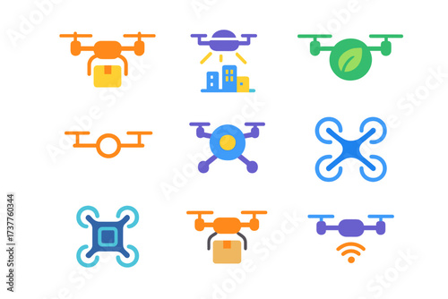 Drone technology neon silhouette icon set. featuring delivery, camera, wifi, flight modes, and eco designs