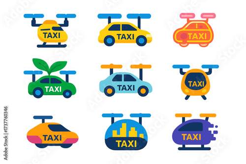 Futuristic transport neon icon set. featuring taxi helicopter, car, eco vehicle, and urban transport symbols