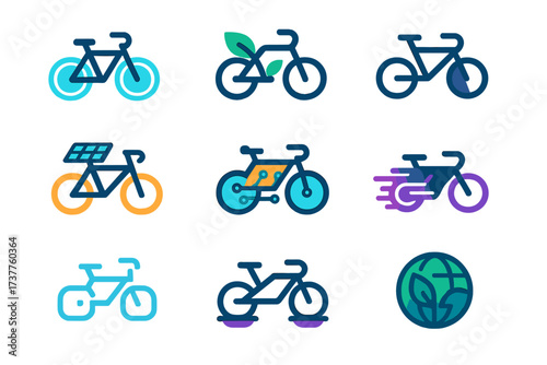 Cycling innovations silhouette icon set. featuring electric, eco-friendly, solar, speed, and global sustainability bikes