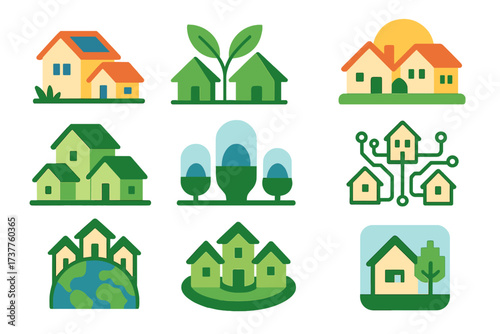 Eco housing flat icon set. featuring solar, green buildings, sustainable, eco houses, and smart home network symbols