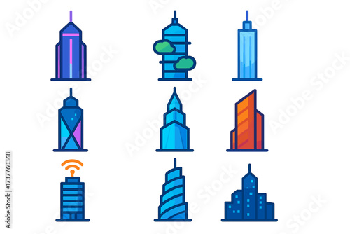 Cityscape flat icon set. featuring skyline, skyscraper, tower, urban, architecture, metropolitan, and high-rise structures