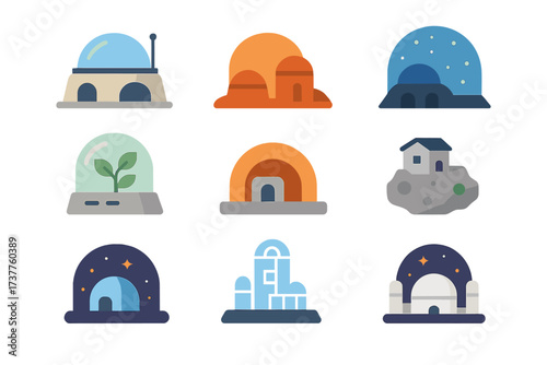 Futuristic housing flat icon set. featuring dome, habitat, plant house, planetary base, and moon colony designs