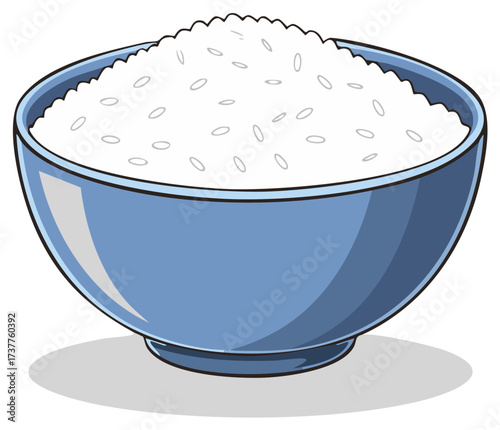 Blue Bowl Filled with White Rice Illustration Featuring Culinary Arts and Asian Cuisine