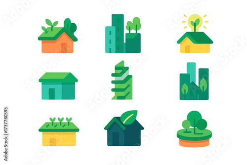 Eco-friendly housing flat icon set. featuring house, city, building, green roof, tree, sustainable design symbols