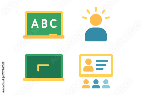 Education technology neon icons set. featuring blackboard, teacher, laptop, online students, and communication symbols
