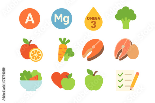 Healthy food flat icon set. featuring vitamins, omega 3, broccoli, apple, carrot, salmon, egg, salad