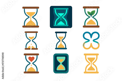 Time elements flat icon set. featuring hourglass, sand, timer, countdown, heart, growth, clover symbols