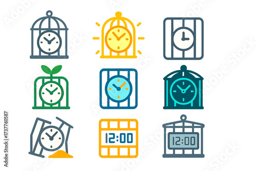 Timekeeping flat icon set. featuring clock, hourglass, alarm, digital, and sun symbols