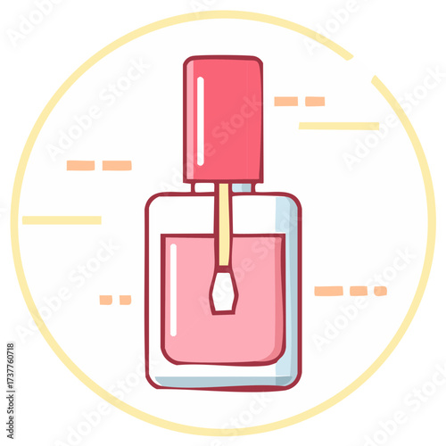 Illustration of a Bottle of Pink Nail Polish with an Application Brush in a Circle