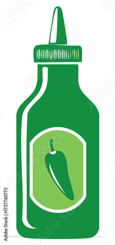 Green Spicy Sauce Bottle with Pepper Label Graphic Illustration